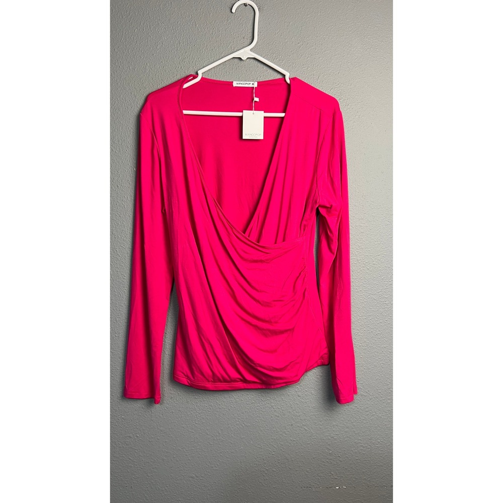 MANGOPOP Womens XL Hot Pink Long Sleeve Ruched V-Neck Surplice Wrap Top NEW
